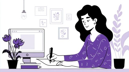 A woman sits at a desk creating digital art.