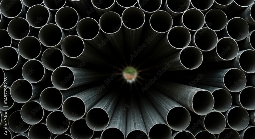 Poster a close-up view of a large stack of grey metal pipes, creating a dark tunnel effect with a small bri