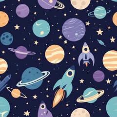2D illustration pattern featuring simple space-themed elements such as planets, stars, moons, rockets, and comets