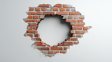 Red brick wall with a large, round hole in a white wall. Use for design elements, breaking through limits and creative ideas.