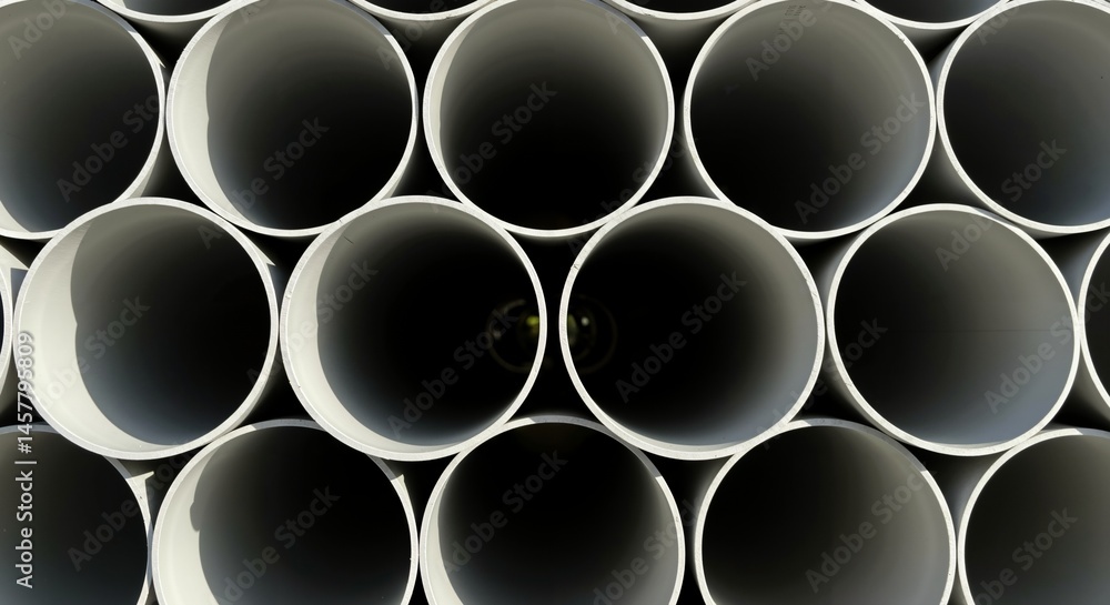 Poster close-up view of a large stack of white industrial pipes, creating an abstract pattern and texture w