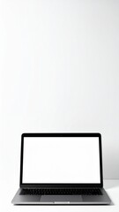 A sleek laptop computer sits on a wooden desk, its bright white screen glowing softly, reflecting the ambient light of the cozy room around it.