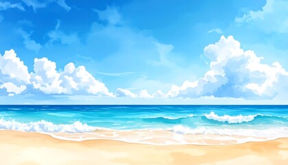 Summer Beach Scene: Ocean Waves, Blue Sky, and Sandy Shore