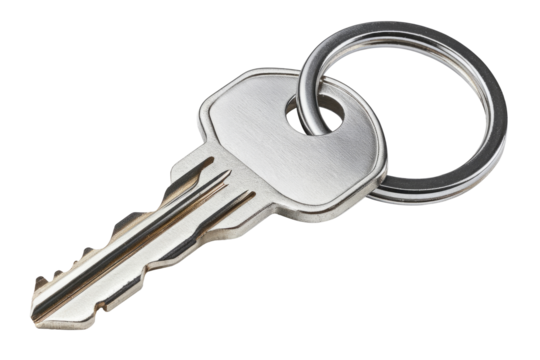 silver key with key ring isolated on white background