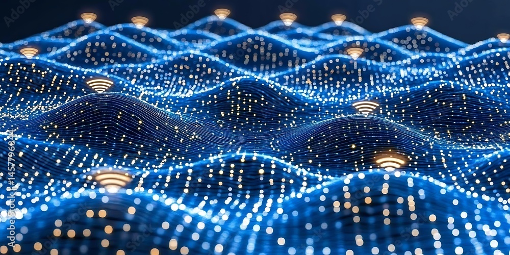 Poster wireless connectivity landscape illuminated with glowing data points