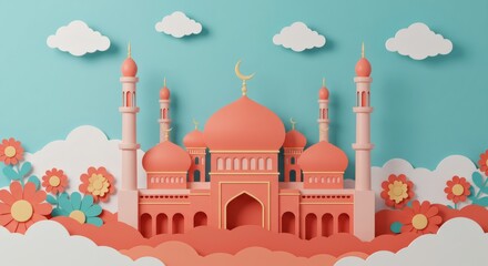 Mosque Illustration with Paper Craft Style, Islamic Design and Flowers