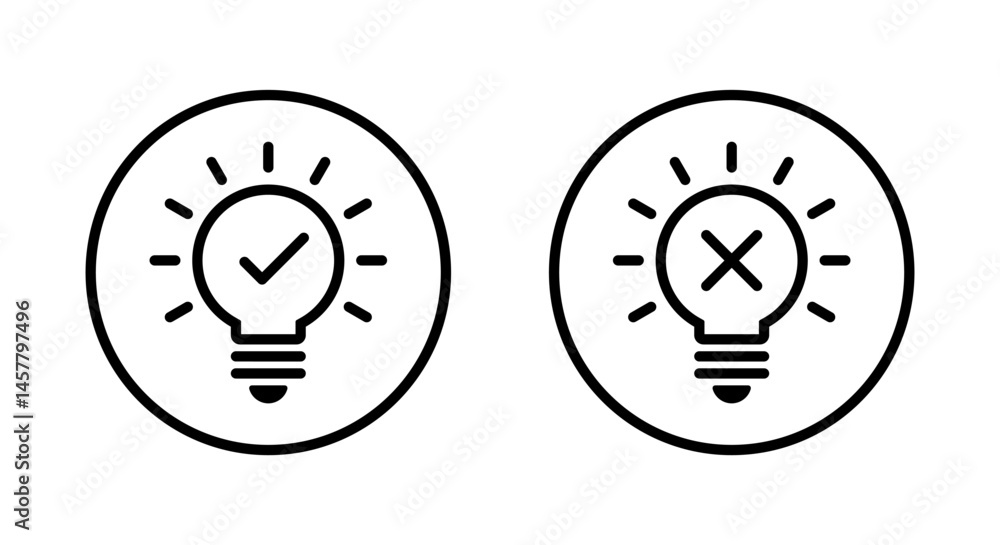 Aufkleber light bulb with check and cross mark icon on circle line. creativity and stagnation sign symbol