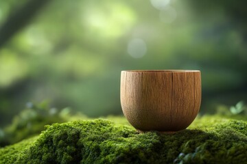 Wooden bowl resting on lush green moss in a natural setting.