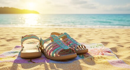 Naklejka premium Beach Sandals on Sandy Shore at Sunrise Summer Vacation Footwear