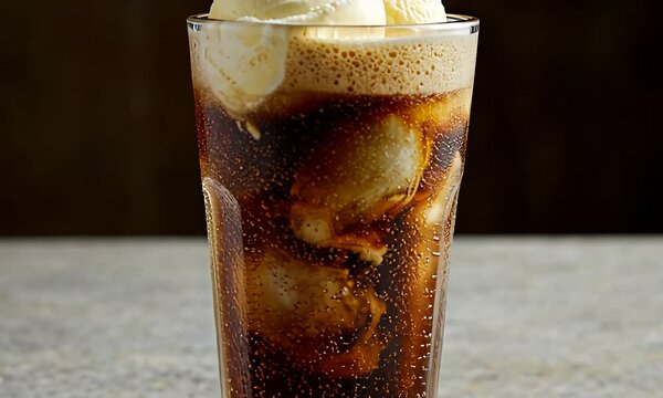 Ice cream floats in bubbly dark soda inside a clear glass; a frosty treat.

2.