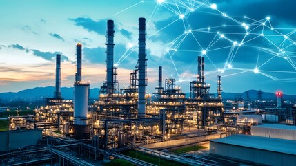 Fototapeta premium A large industrial plant with many tall towers and a network of lines connecting them. The sky is cloudy and the sun is setting