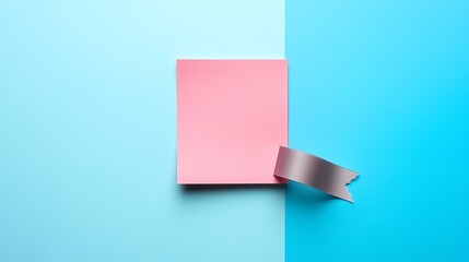 Pink paper with gray ribbon on blue background