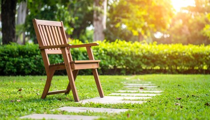 Fototapeta premium Serene Wooden Chair on Garden Path