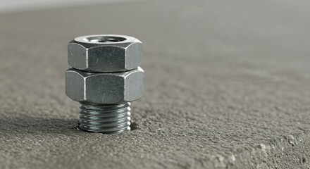 Close-up view of a metal bolt with two hexagonal nuts stacked on its threaded shaft, standing upright on a rough, textured gray surface, illustrating mechanical fastening components.