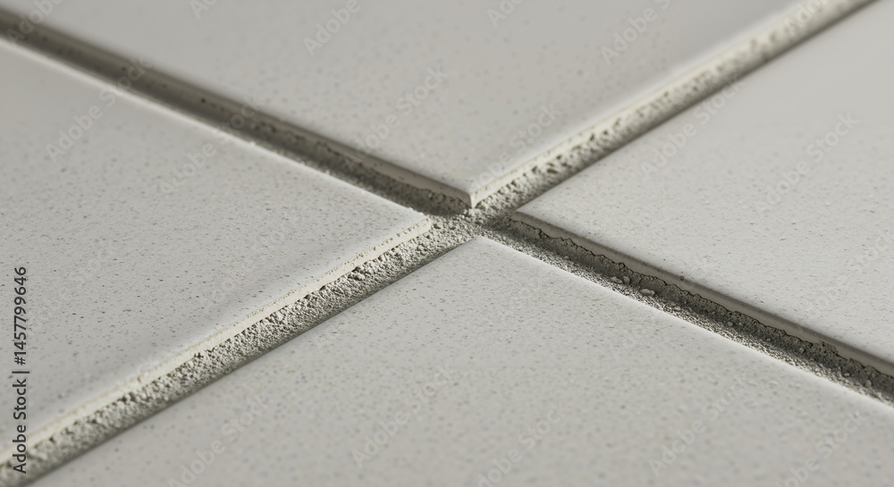 Poster Close-up view of white ceramic tiles with dark grey grout lines intersecting in the center, showing the texture of the tile surface.