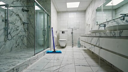 Modern bathroom cleaning, polished marble, spotless, spacious, interior design, daily routine,  maintenance