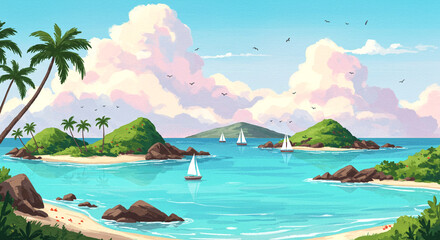 Naklejka premium Tropical Island with Sailboats and Turquoise Water