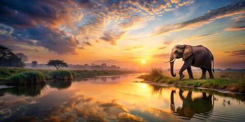 Fototapeta premium Serene Sunset Landscape Featuring a Majestic Elephant by a Tranquil River