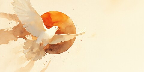 Watercolor dove with orange sun background. Peace symbol for Easter, Pentecost, or religious greeting card. Spiritual concept with copy space for text