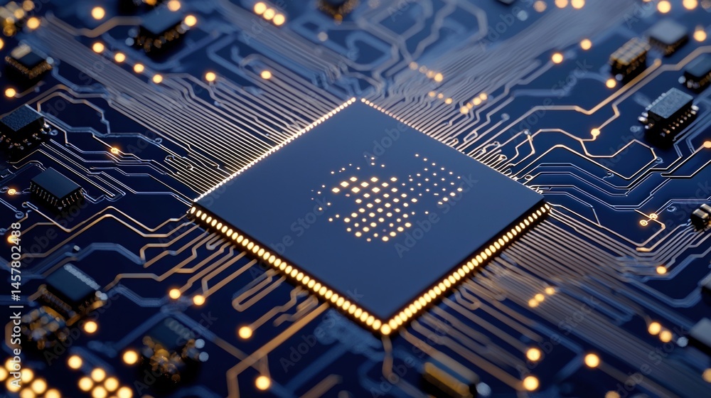Poster a central computer chip on a blue circuit board with glowing connections and intricate electronic pa