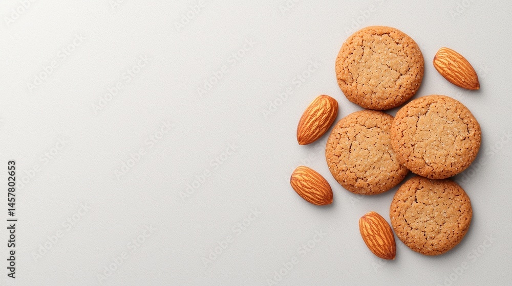 Poster four almond cookies with whole almonds are arranged on a light surface, creating a simple and appeti