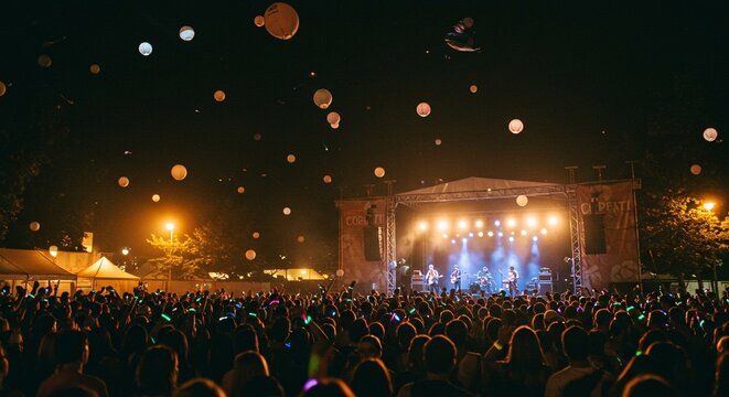 Night Music Festival Crowd, Stage, and Floating Lanterns