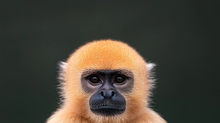 Obraz premium A golden-furred monkey faces the camera with a dark green background, showcasing its expressive eyes and detailed facial features.