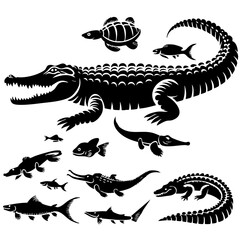 Crocodiles, Alligators, and Fish: A Collection of Aquatic Wildlife Silhouettes