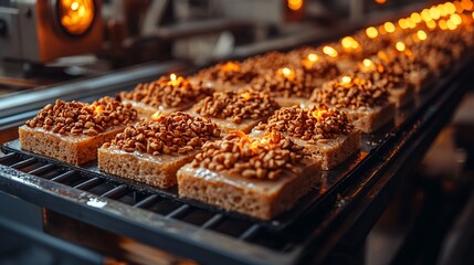 Baked goods on an industrial conveyor belt