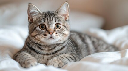 Adorable tabby kitten lying on a bed