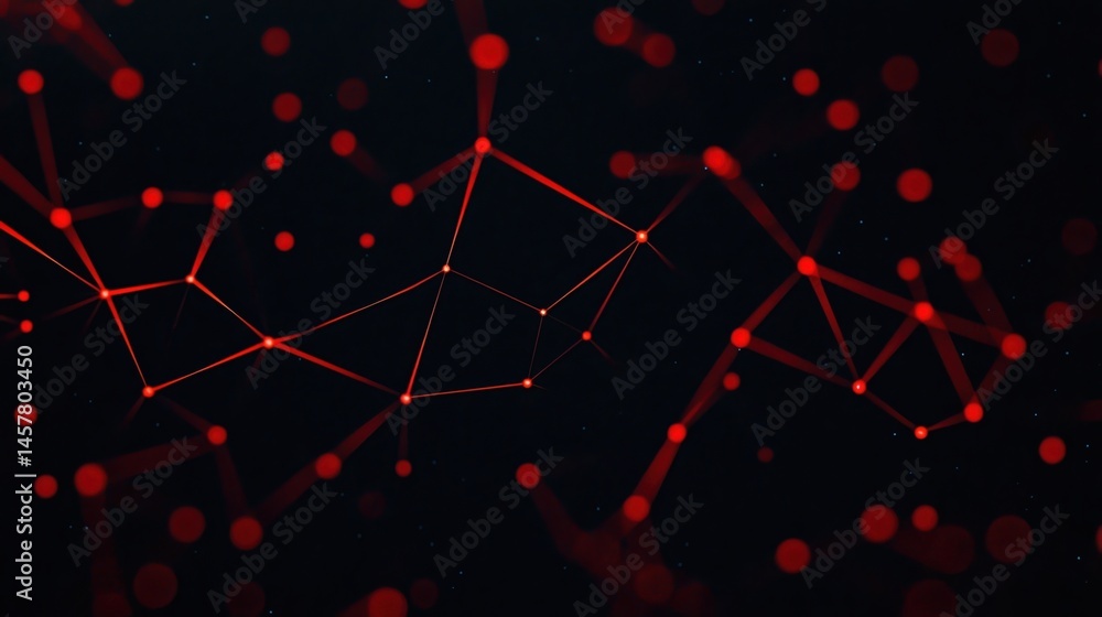 Poster a digital abstract network of red lines and dots on a dark background, evoking technology and connec