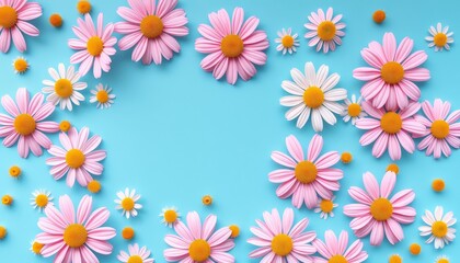 Pastel blue backdrop showcasing a charming chamomile petal pattern  Spring/summer aesthetic,  topview,  serenity