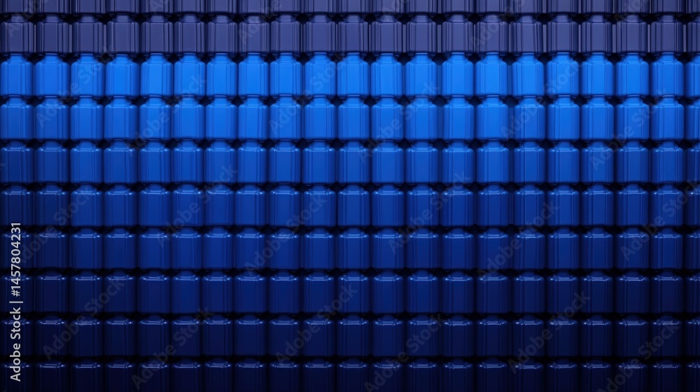 Poster rows of blue plastic bottles neatly arranged, creating a repetitive industrial pattern with a reflec