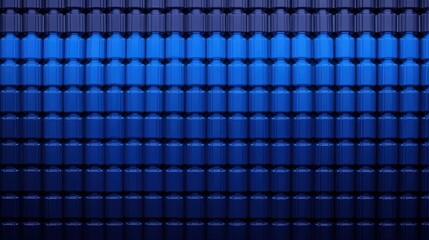Fototapeta premium Rows of blue plastic bottles neatly arranged, creating a repetitive industrial pattern with a reflective surface.