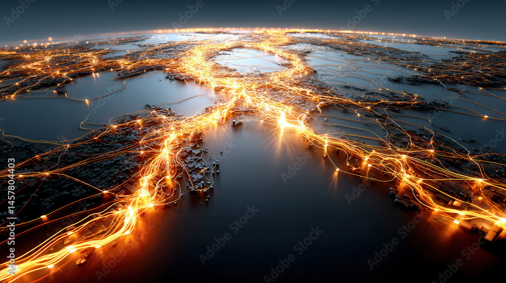 Poster aerial view of glowing city network with illuminated lines connecting urban areas, symbolizing conne