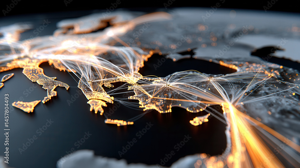 Poster glowing network of data connections across europe and surrounding regions, symbolizing global commun