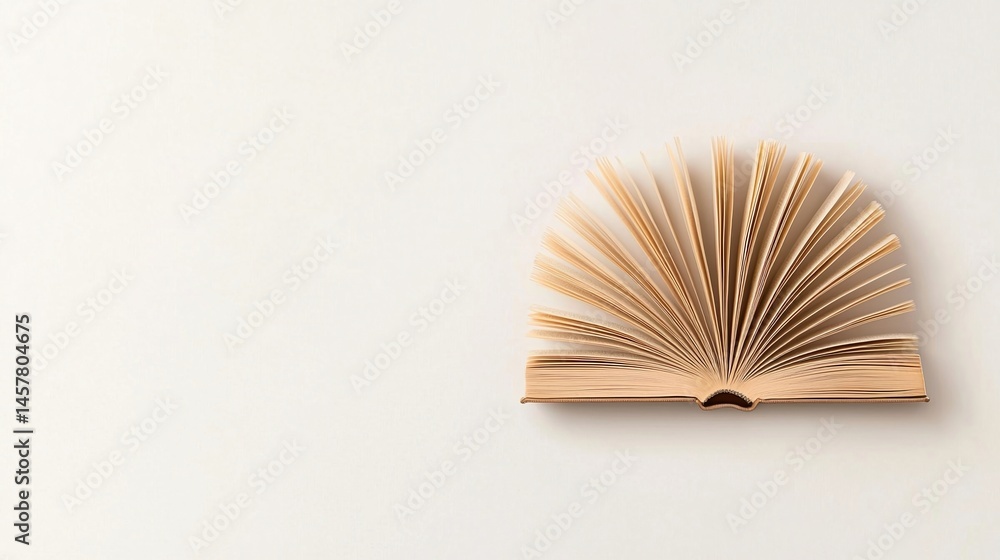 Poster an open book with fanned pages lies on a plain light background, creating a minimal and elegant comp