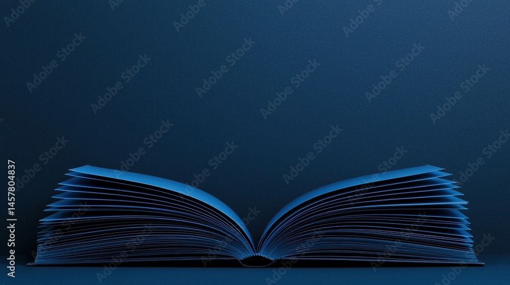 Poster an open book with fanned pages sits against a plain, dark blue background, creating a minimalist and