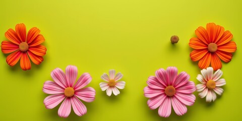 Fototapeta premium Overhead view of cosmos flowers, khaki green background, summer, garden