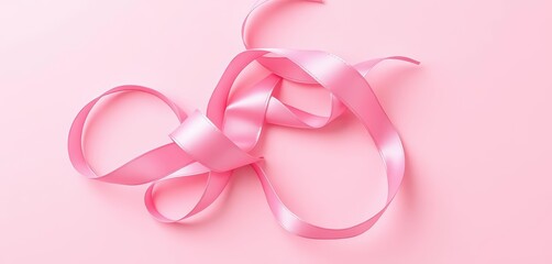 Fototapeta premium Overhead shot of curly pink satin ribbon on pastel pink background, hope, swirl
