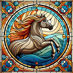 Ornate stained glass design of a leaping horse.