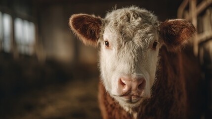 A solitary dairy cow with textured fur, bathed in gentle light, embodying rustic serenity.
