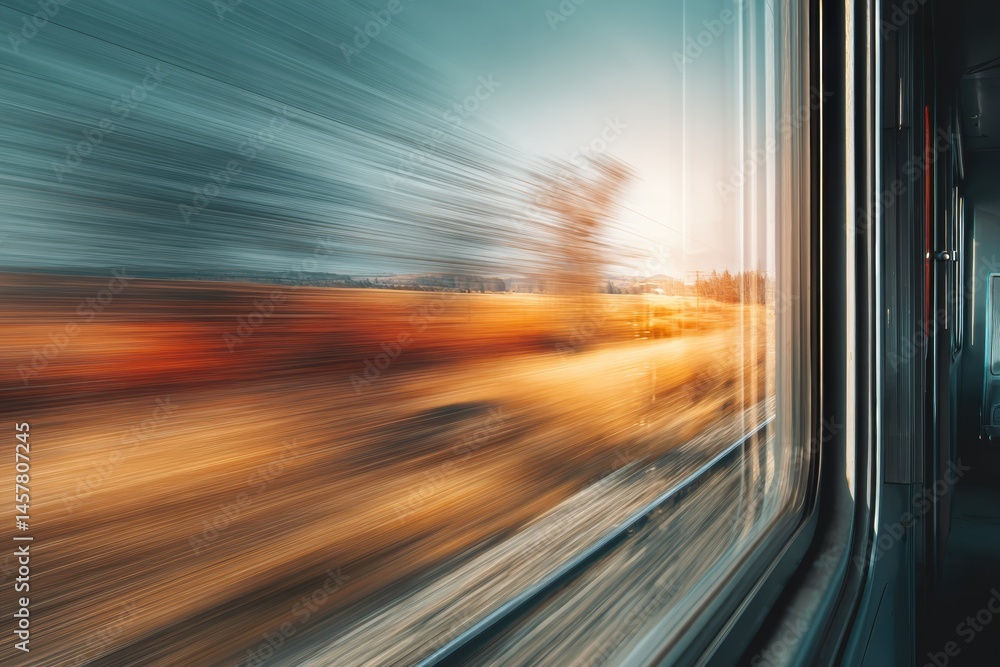 Poster scenic view from a train window capturing the beauty of nature during a journey through vibrant land