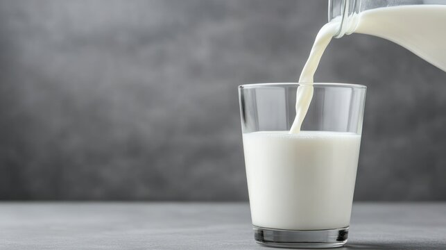 Pouring milk into glass on gray background