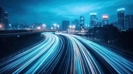 Fototapeta premium Night City Highway: Lightspeed Traffic Through Urban Skyline