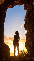 Fototapeta premium A woman stands confidently in the center of a vast, open cave, surrounded by rugged stone walls and soft, glowing light filtering through the entrance.