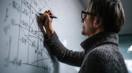Focused individual solving equations on a whiteboard.