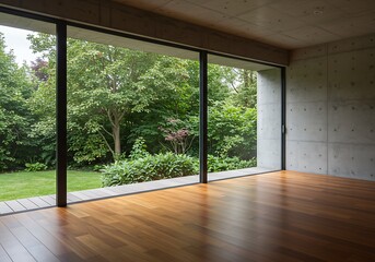 Obraz premium Interior view of a room with wooden floor and a large window looking out onto a green garden area