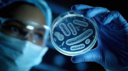 Close-up view of a scientist examining bacteria in a petri dish.