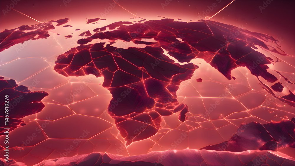Poster digital world map with glowing lines and red light effects on dark background